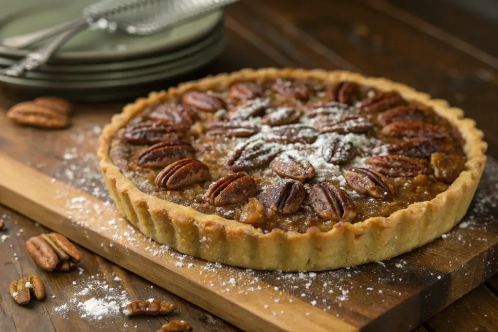 A freshly baked Southern pecan pie on a wooden board, dusted with powdered sugar, with whole pecans arranged on top.