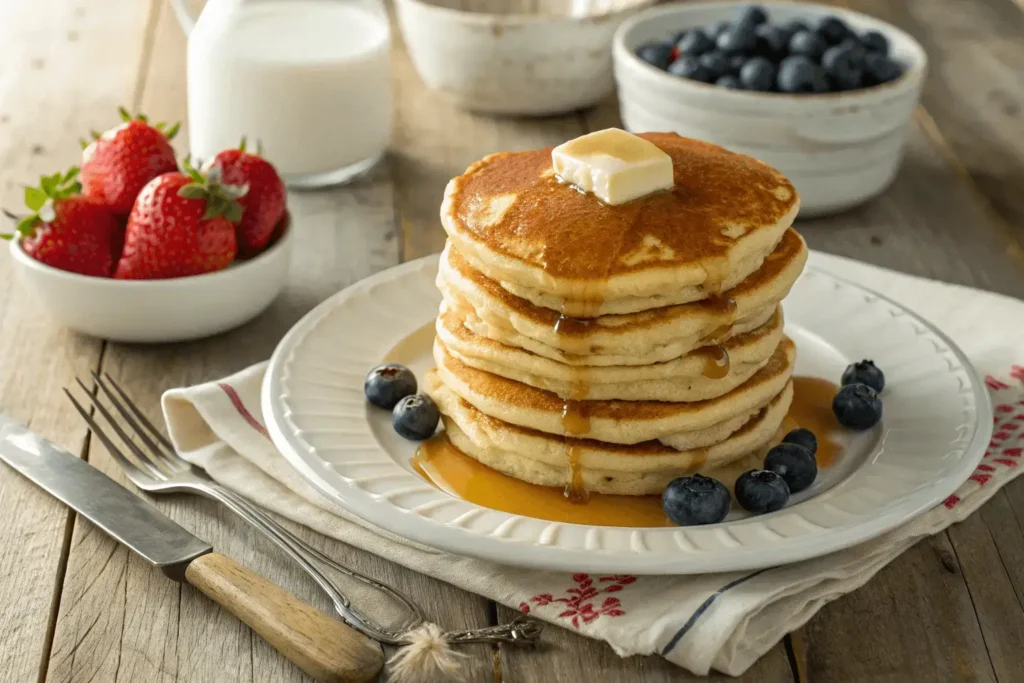 Tall stack of American-style homemade buttermilk pancakes drizzled with syrup and butter, served with blueberries and fresh strawberries.