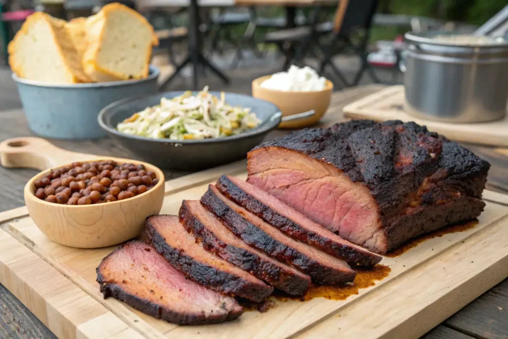 Sliced Texas BBQ Brisket with a smoky crust and juicy interior served with BBQ sides.