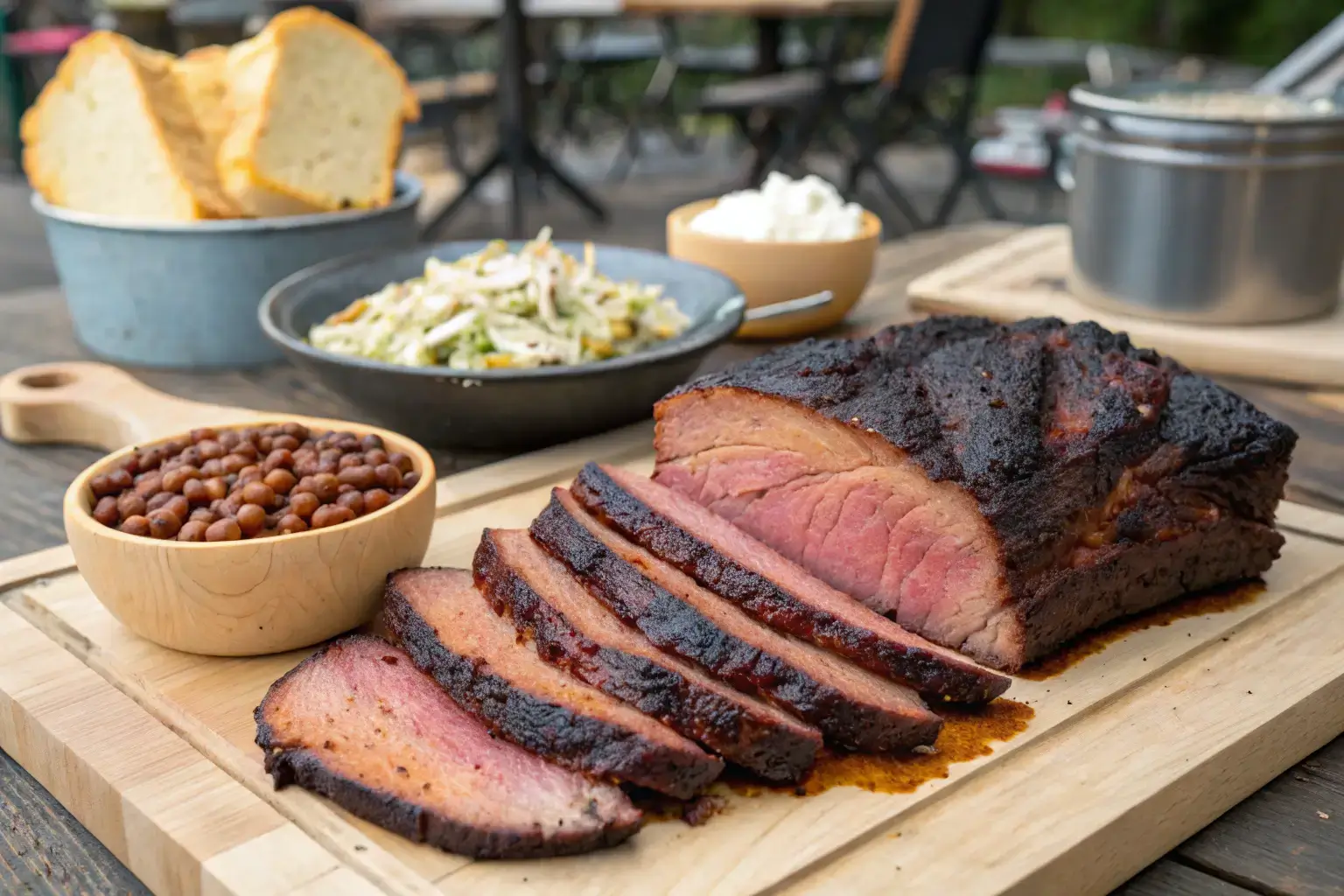 Sliced Texas BBQ Brisket with a smoky crust and juicy interior served with BBQ sides.