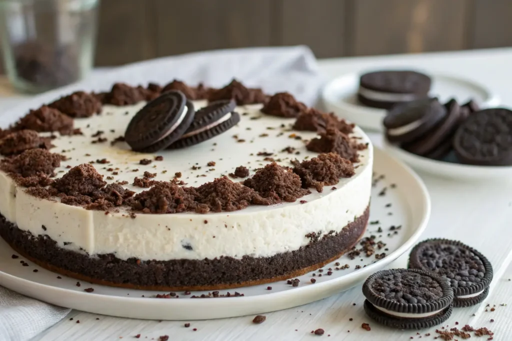 No-Bake Oreo Cheesecake with crushed Oreo topping on a white plate.
