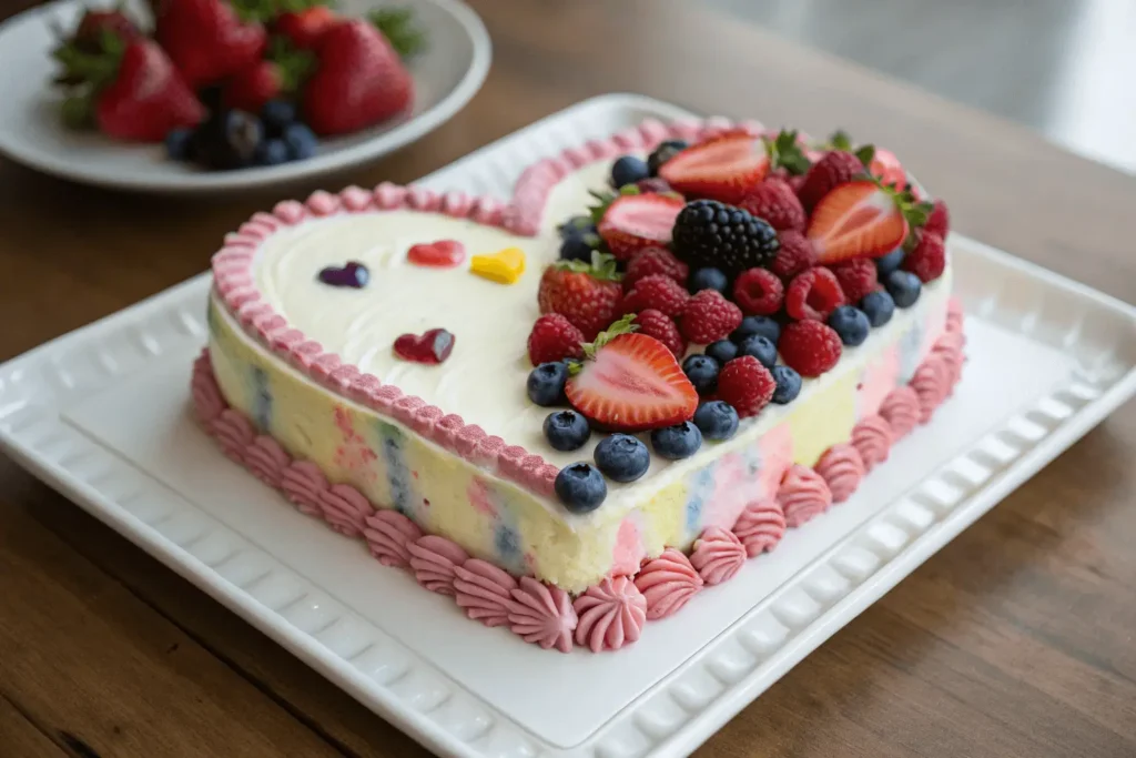 Heart-shaped cake decorated with fresh berries, pink frosting, and small heart-shaped candies.