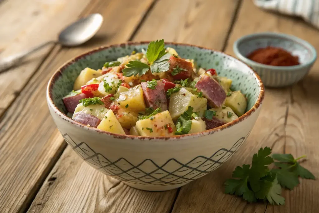 Colorful potato salad with herbs and red-skinned potatoes in a decorative bowl