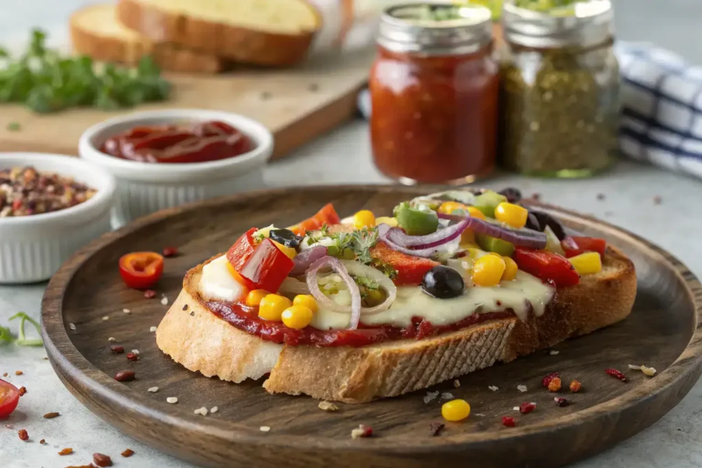 Artisan-style Pizza Lava Toast on a wooden plate, garnished with onions, corn, black olives, and tomato slices.