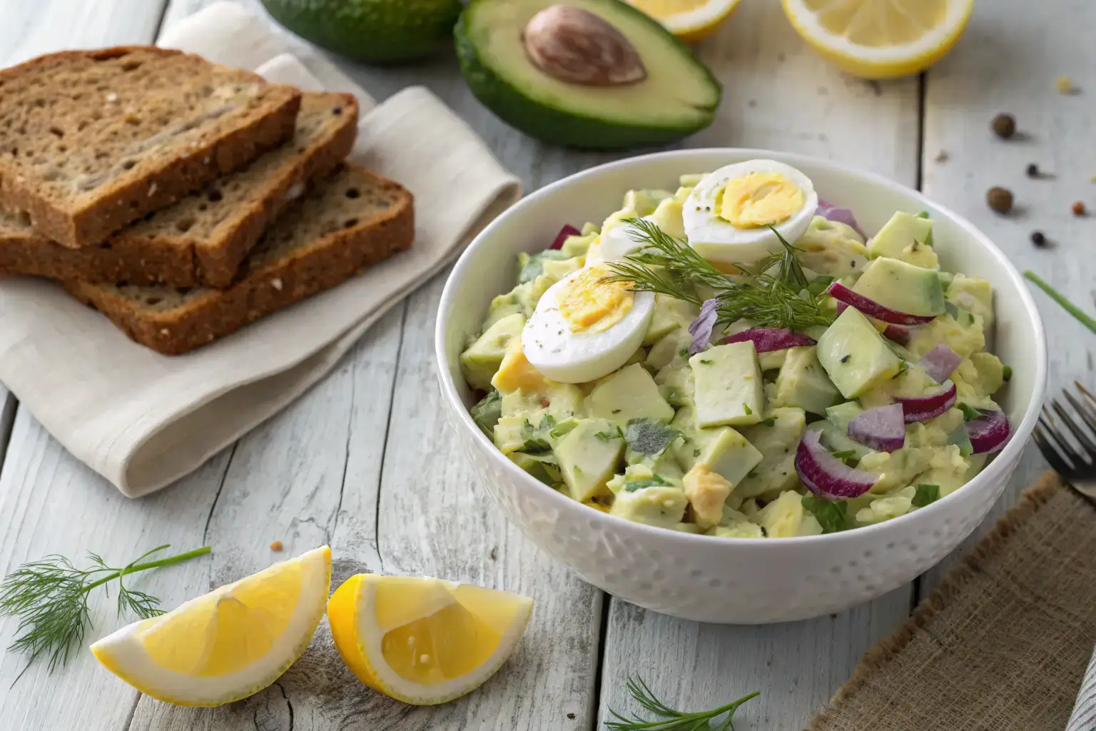 No-mayo egg salad with avocado, red onion, and dill served in a white bowl next to whole-grain bread and lemon wedges.