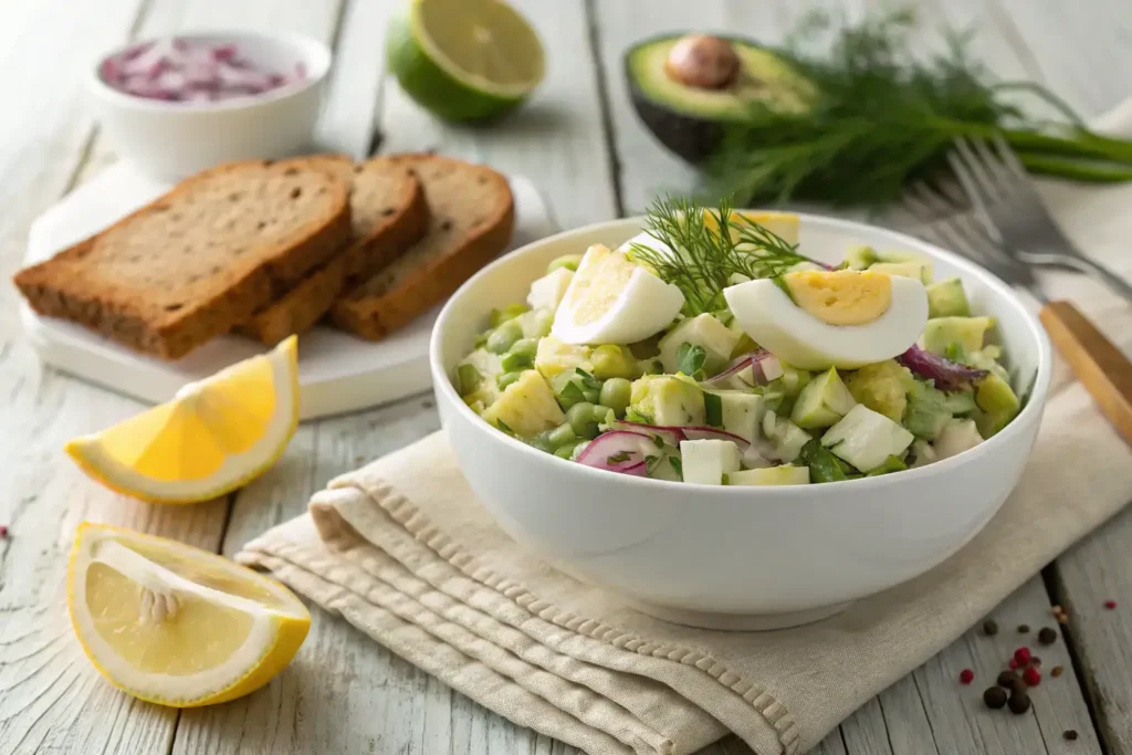 Fresh no-mayo egg salad in a white bowl with cucumber, peas, red onions, and herbs, next to lemon wedges and grain bread.