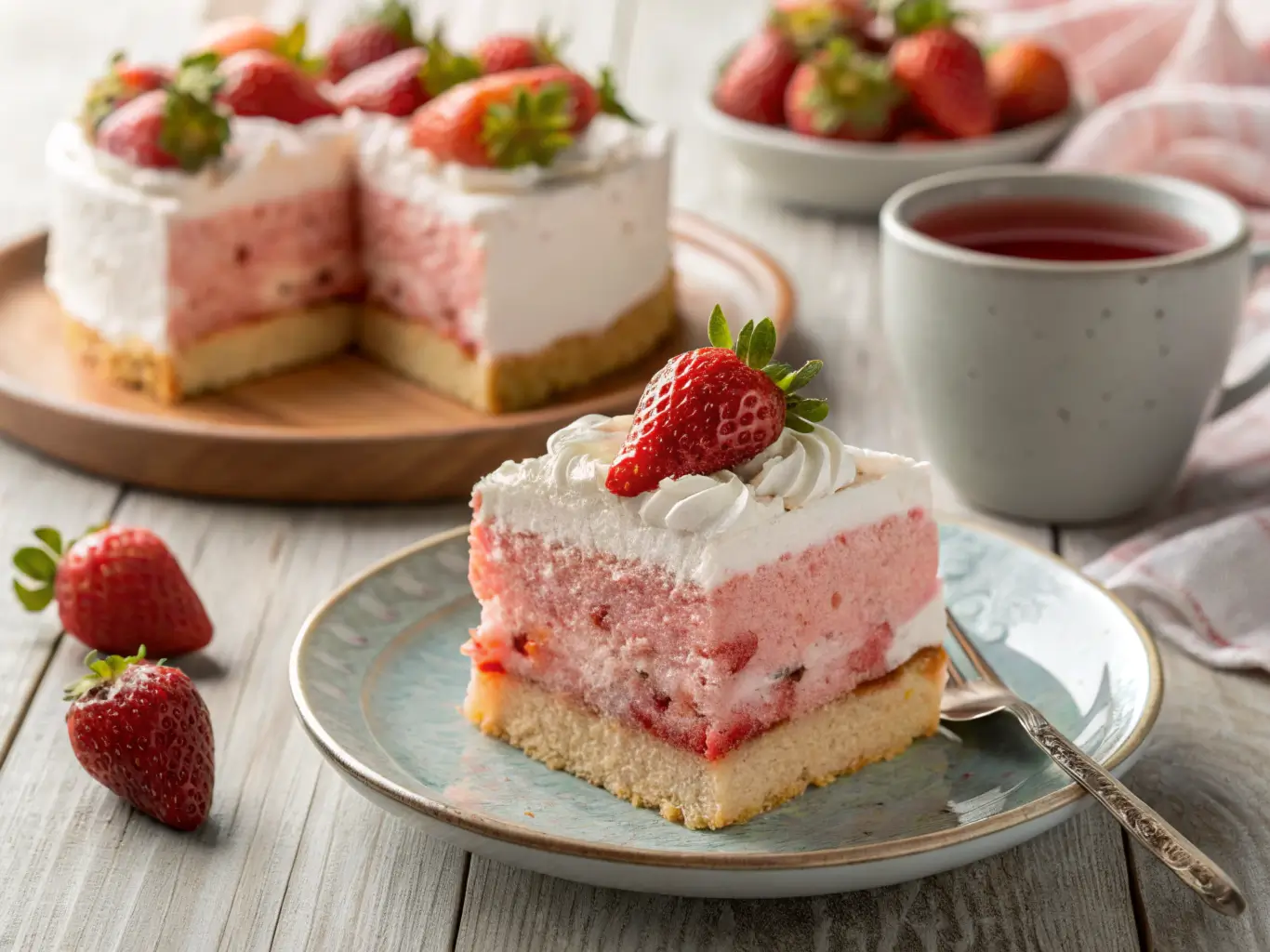 Layered strawberry shortcake with whipped cream and fresh strawberries on top