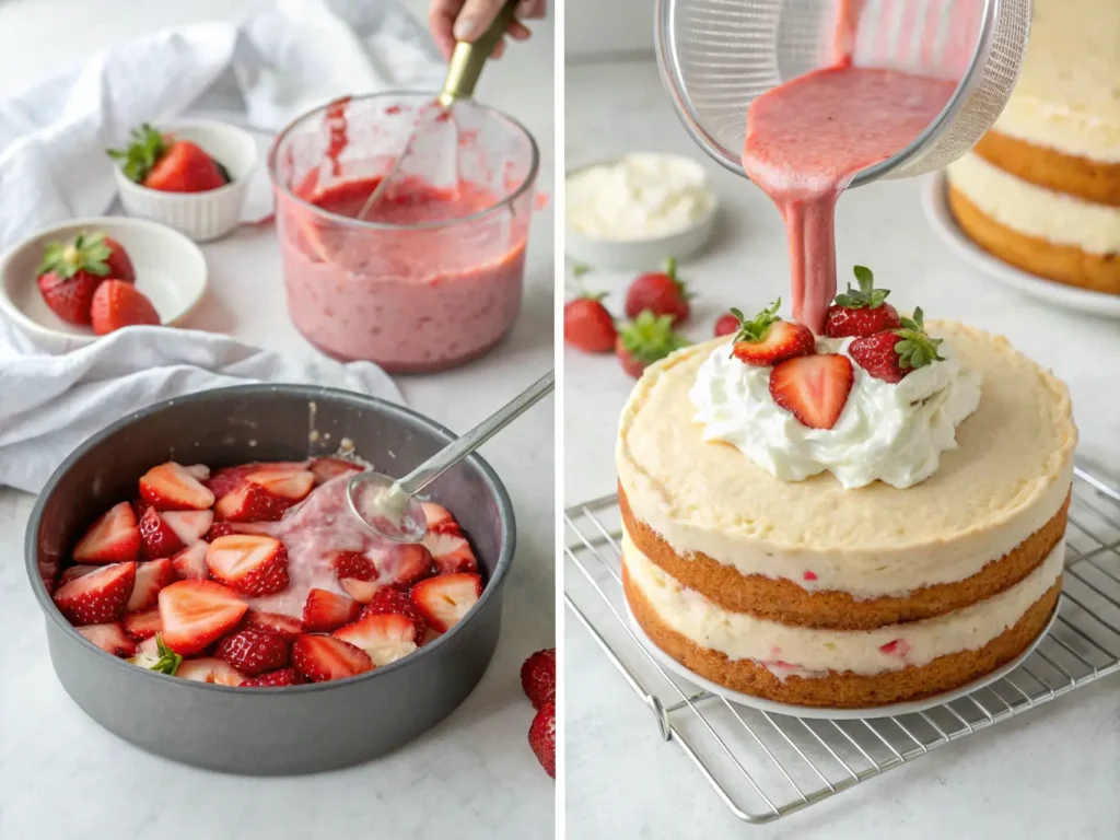 Fresh strawberry sauce being prepared and poured over a layered strawberry cake topped with whipped cream and fresh strawberries.