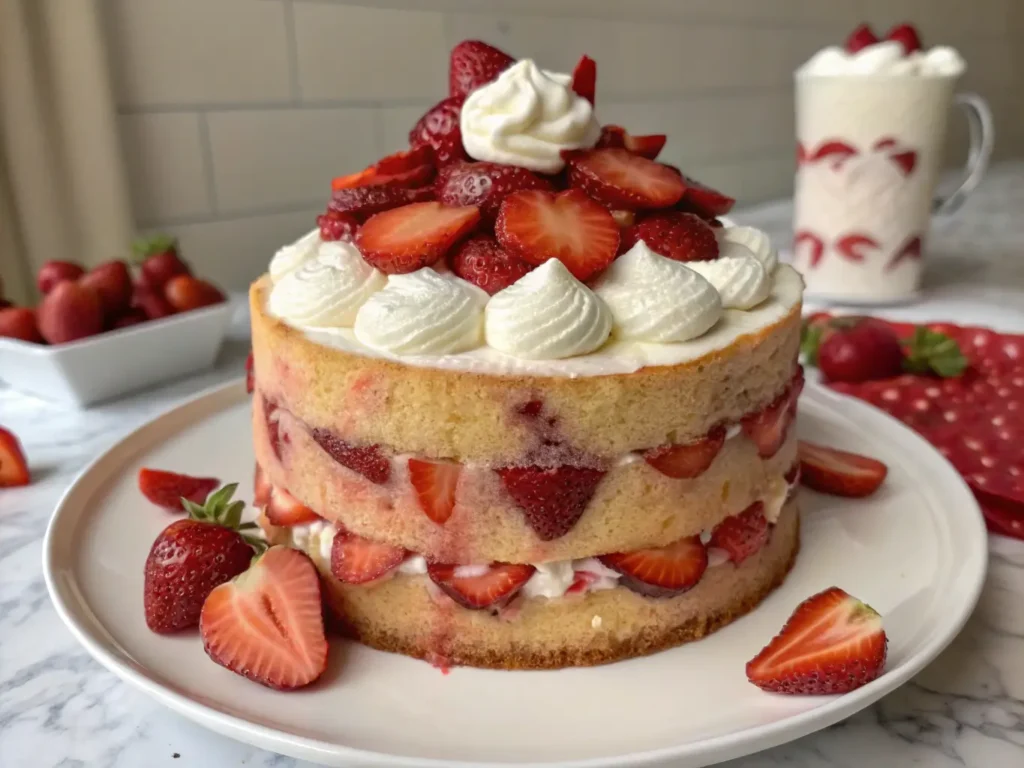 Slice of strawberry cream cake on a plate with a fresh strawberry and a cup of tea