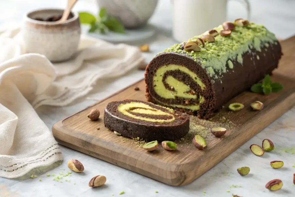 Chocolate roll cake filled with green pistachio cream, garnished with crushed pistachios and whole pistachios, served on a wooden board.