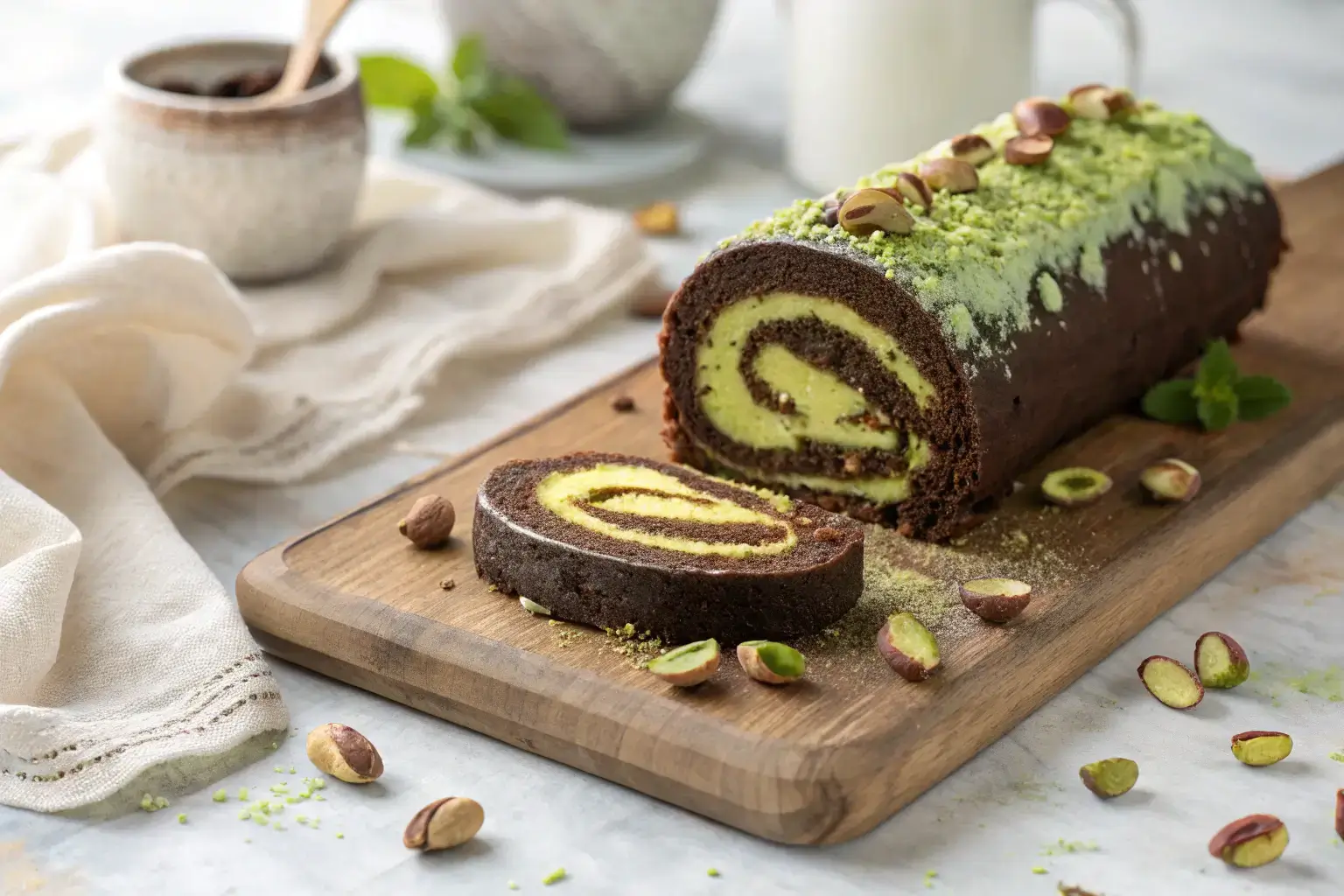 Chocolate roll cake filled with green pistachio cream, garnished with crushed pistachios and whole pistachios, served on a wooden board.