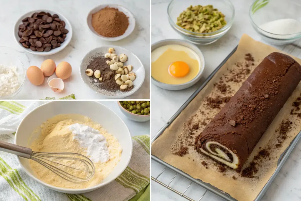 Step-by-step preparation of a chocolate roll cake with various ingredients including chocolate chips, eggs, flour, cocoa powder, and a rolled cake on parchment paper.