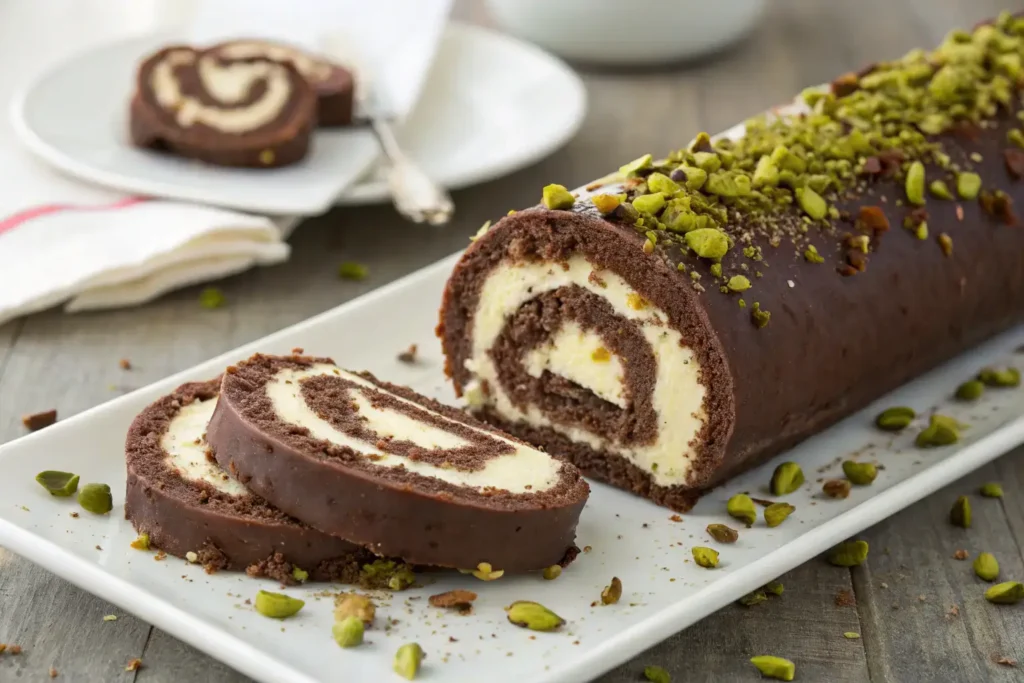 Sliced chocolate roll cake with a white cream filling, garnished with crushed pistachios on top, served on a white plate.